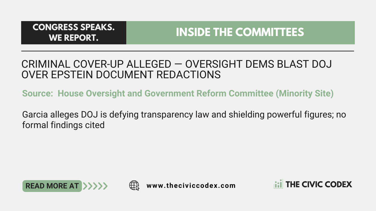 Garcia alleges DOJ is defying transparency law and shielding powerful figures; no formal findings cited